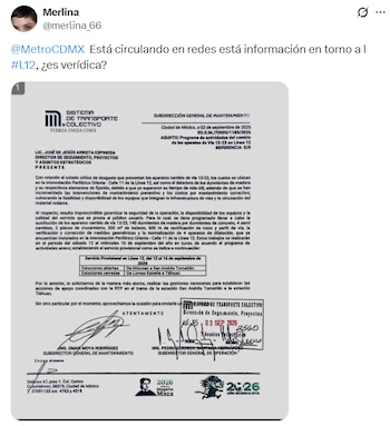 Un carta que índica el cierre de estaciones de la Línea 12 este fin de semana ha causado gran revuelo en redes. (X/ @merlina_66)