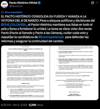 Pacto Histórico presentó la estrategia “Cuida Tu Voto”, dirigida a garantizar control ciudadano y transparencia durante los comicios - crédito @PactoCol