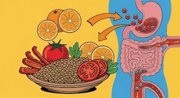 Ilustración de un plato de lentejas con tomate, pimientos y naranjas, junto a un esquema del sistema digestivo mostrando la absorción de hierro.