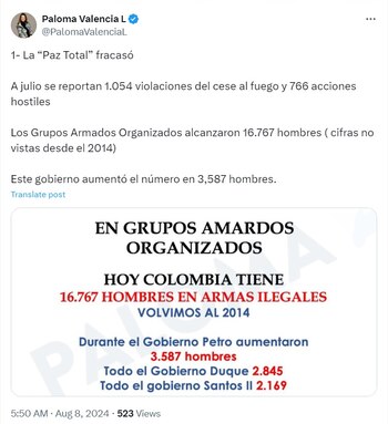 La senadora calificó la política de Paz Total como un total fracaso - crédito @PalomaValenciaL/X