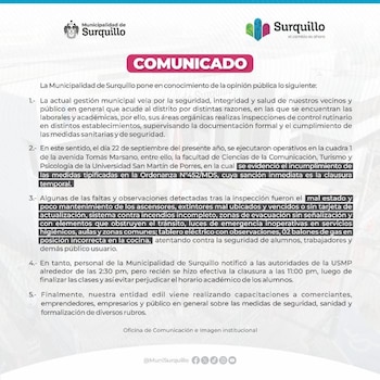 Comunicado oficial de la Municipalidad