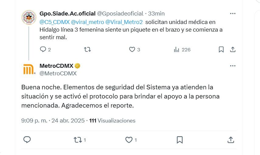 Reportaron nuevo caso de pinchazos en la Línea 3 (X/ @MetroCDMX)