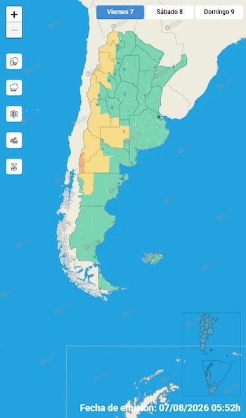 Mapa de Argentina con alertas de colores. Controles de zoom y pestañas de fecha. Cinco iconos de clima. Texto de fecha de emisión y logo SMN