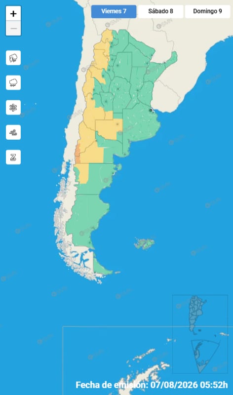 Para este viernes, el sector oeste del país presenta alerta amarilla por fuertes vientos y nevadas (Servicio Meteorológico Nacional)