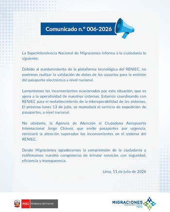 Migraciones suspendió temporalmente la emisión de pasaportes electrónicos en todo el país por el mantenimiento de la plataforma tecnológica del Reniec - Créditos: @MigracionesPe.