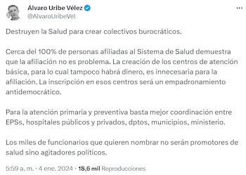 Trino de Álvaro Uribe sobre la reforma a la salud