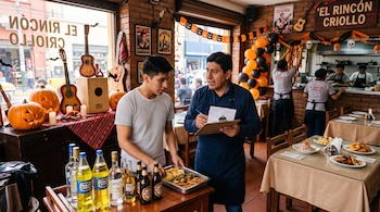 Dos hombres frente a una mesa con bebidas en un restaurante decorado con guitarras, un cajón peruano y calabazas de Halloween.