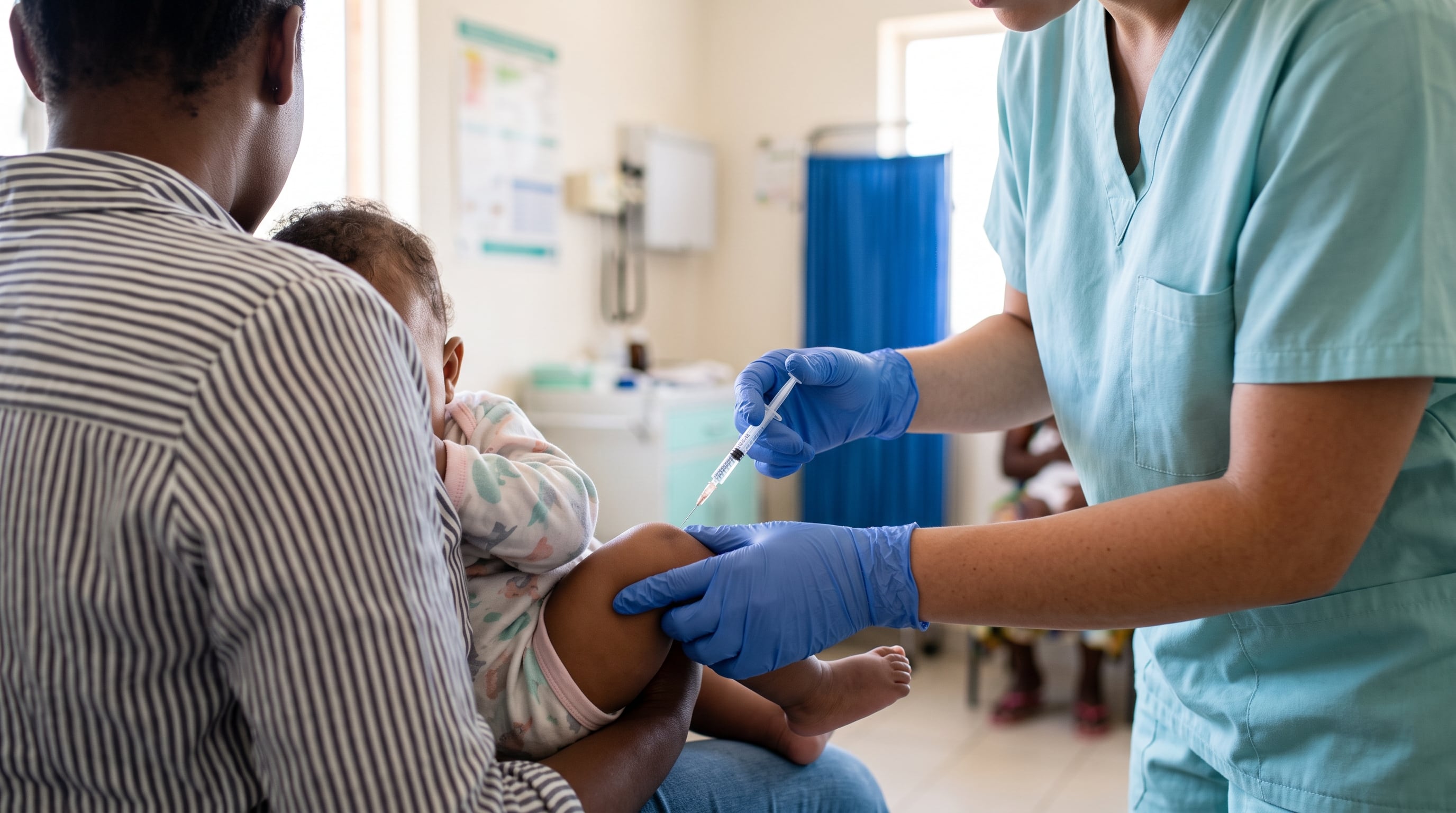 Una enfermera administra una dosis de vacuna pentavalente en la pierna de un bebé sostenido por su madre en un consultorio pediátrico. (Imagen Ilustrativa Infobae)