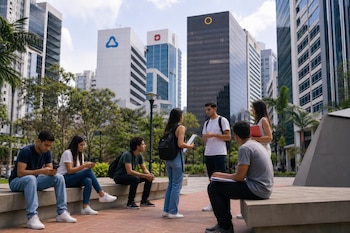Siete jóvenes sentados y de pie con teléfonos y carpetas en una plaza de adoquines frente a edificios altos.