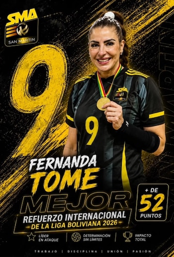 Reconocimiento a Fernanda Tomé como la mejor refuerzo internacional de la Liga Superior Femenina de Bolivia 2026.