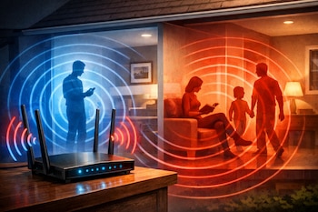 Ilustración de un router WiFi negro sobre una mesa de madera. Ondas azules y rojas emanan de él, mostrando siluetas de personas invisibles a través de paredes.
