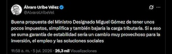 Álvaro Uribe respaldó la propuesta de Miguel Gómez Martínez y sostuvo que una menor carga tributaria favorecería la inversión y el empleo - crédito @AlvaroUribeVel / X