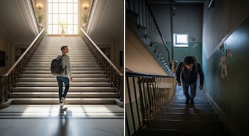 Dos jóvenes con mochilas suben escaleras distintas: una amplia y luminosa; la otra angosta, empinada y oscura con paredes deterioradas.