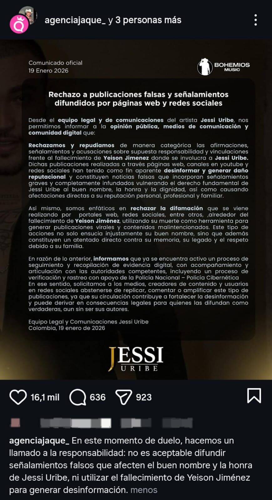 El equipo legal de Jessi Uribe emitió un comunicado oficial desmintiendo cualquier relación del cantante con el accidente aéreo de Yeison Jiménez - crédito jessiuribe3 / Instagram