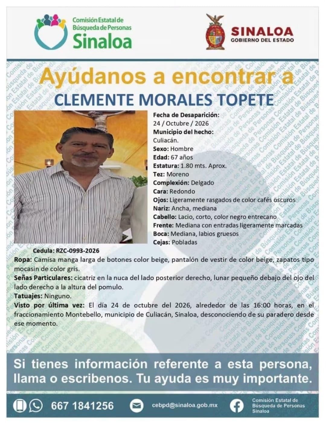 Ficha de búsqueda Padre Clemente Morales. (FGE Sinaloa)