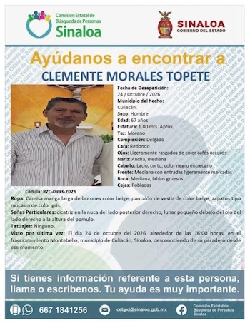 Ficha de búsqueda Padre Clemente Morales. (FGE Sinaloa)