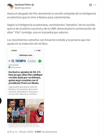 El presidente Gustavo Petro aseguró que está siendo víctima de calumnias relacionadas con presuntos nexos con alias Fito - crédito @petrogustavo/X
