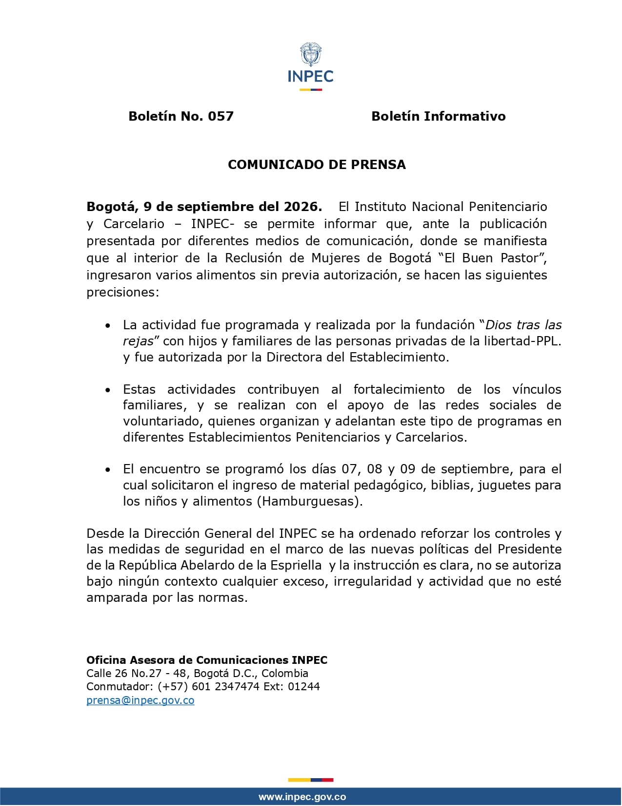 El Inpec explicó que el intento de ingresar 120 combos de hamburguesa a la cárcel El Buen Pastor ocurrió durante una actividad autorizada para hijos y familiares de mujeres privadas de la libertad - crédito Inpec
