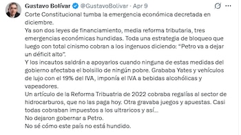 Gustavo Bolívar criticó decisión de la Corte Constitucional sobre la emergencia económica de Gustavo Petro - crédito @GustavoBolívar/X