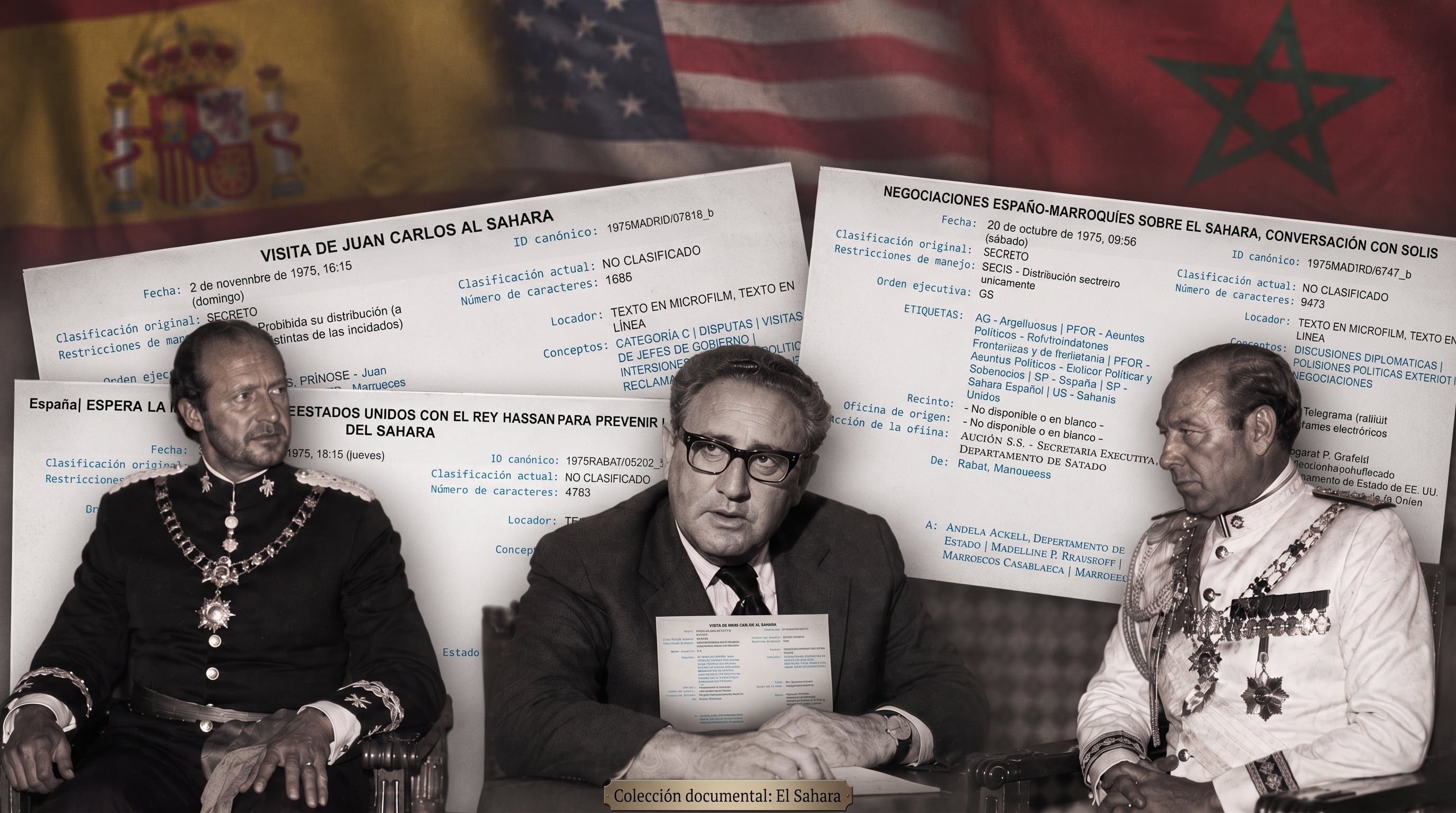 Documentos de 1975 detallan las negociaciones sobre el futuro del Sahara Occidental, con imágenes de Juan Carlos I, Kissinger y Hassán II (Imagen Ilustrativa Infobae)