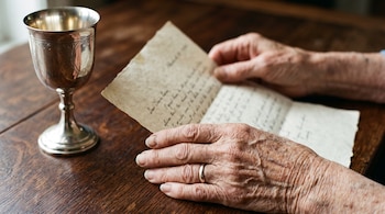 Manos de una persona mayor sostienen una carta manuscrita doblada sobre una mesa de madera, cerca de una copa de plata grabada.