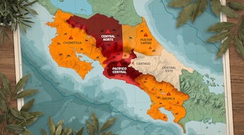 Mapa de Costa Rica con divisiones regionales en rojo, naranja y beige; Central Norte y Pacífico Central en rojo. Íconos de mosquitos y alertas rojas.
