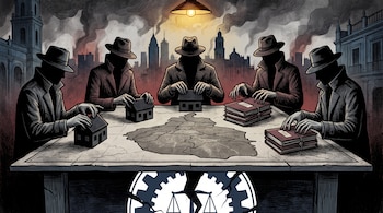 Cinco figuras sombrías con sombreros y gabardinas manipulan casas y expedientes judiciales sobre un mapa de la Ciudad de México. Fondo urbano con humo, balanza y engranaje rotos.