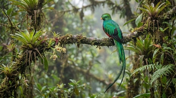 Un quetzal resplandeciente de plumaje verde y rojo, con una larga cola, posado sobre una rama cubierta de musgo con bromelias en un bosque brumoso.