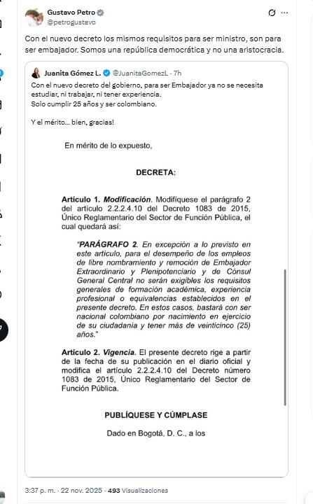 El presidente Gustavo Petro defendió la eliminación de requisitos académicos y laborales para ser embajador en Colombia - crédito @petrogustavo/X