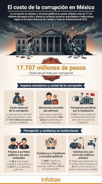 Infografía titulada "El costo de la corrupción en México", mostrando un edificio gubernamental dañado con dinero saliendo y datos sobre el impacto de la corrupción.
