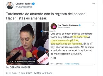 Tuit Chumel torres y Claudia Sheinbaum (foto: Captura de pantalla)