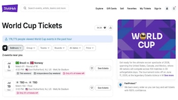Captura de pantalla del sitio web StubHub con la sección de entradas para la Copa del Mundo, mostrando partidos listados y texto descriptivo del torneo 2026