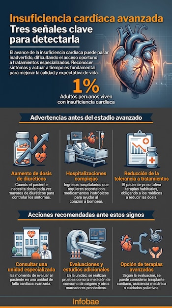 Infografía sobre insuficiencia cardíaca con la ilustración de un corazón, gráficos con iconos médicos y texto explicativo.
