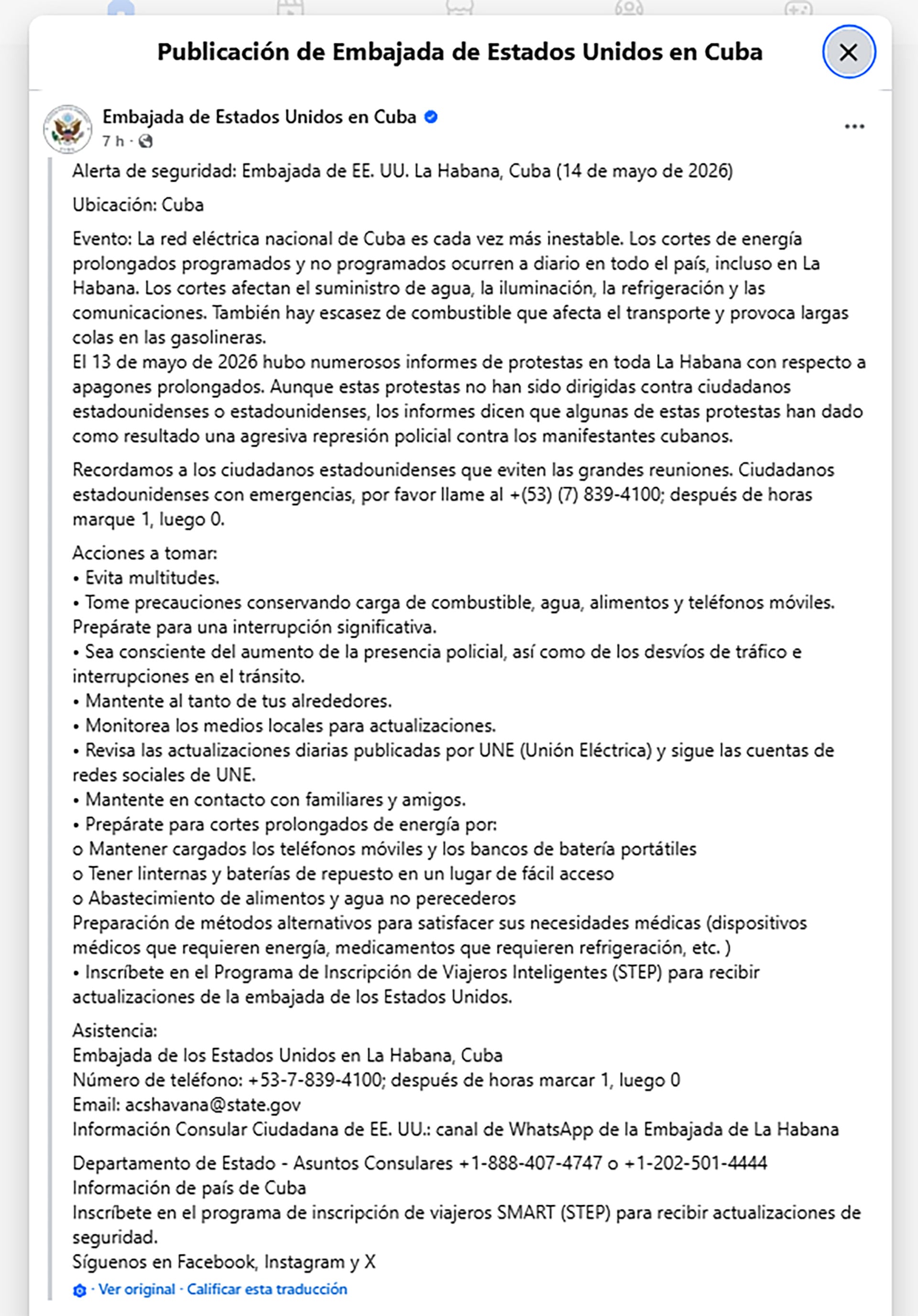 La Embajada de EEUU en Cuba emitió un alerta de seguridad