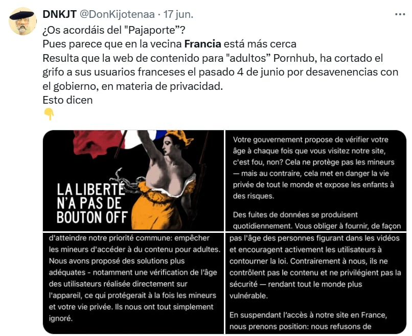Un usuario muestra el texto que aparecía en las páginas porno en Francia. (