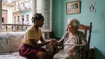 Una joven con uniforme escolar sostiene la mano de una mujer anciana sentada en una silla de madera junto a una ventana.