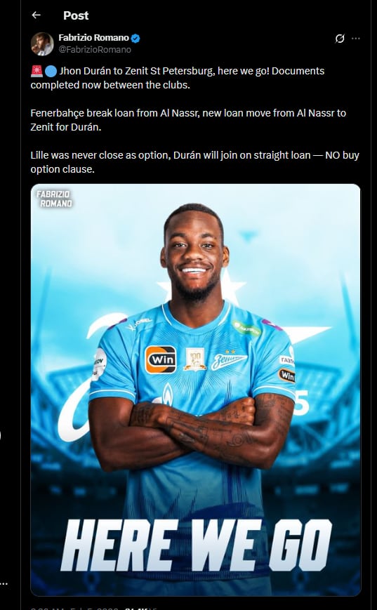 El colombiano tendría otra aventura en el fútbol europeo, en esta ocasión, en uno de los equipos más grandes de Rusia - crédito @FabrizioRomano / X