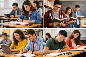 Collage de cuatro imágenes de estudiantes universitarios: una chica escribiendo, un chico leyendo un libro, una pareja con laptop y cuaderno, y otro chico escribiendo.