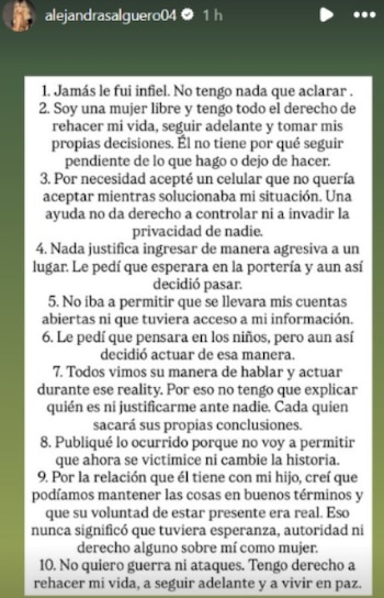 Alejandra Salguero respondió negando cualquier infidelidad y defendió su derecho a rehacer su vida sin interferencias - crédito @alejandrasalguero04/ Instagram