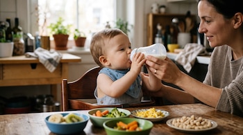 Un bebé en una silla alta bebe de un biberón sostenido por una mujer, junto a varios platos con comida sobre una mesa de madera.