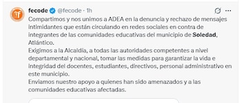 El aumento en la presencia policial persiste en instituciones señaladas, mientras expertos en inteligencia continúan evaluando la autenticidad de los mensajes que circularon en plataformas digitales - crédito captura de pantalla Fecode / X