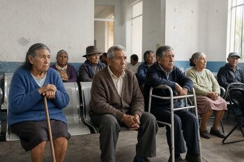 Varias personas mayores sentadas en sillas de metal en una sala de espera blanca, algunas sostienen bastones y andadores.