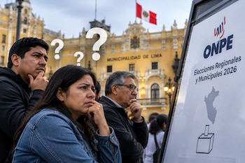 Tres personas miran un panel con el logo de la ONPE y el texto Elecciones Regionales y Municipales 2026 frente al palacio municipal de Lima