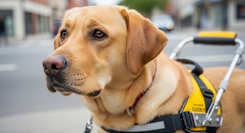 Primer plano de un perro labrador de color arena con un arnés amarillo de perro guía y sujeción metálica, en un entorno urbano desenfocado.