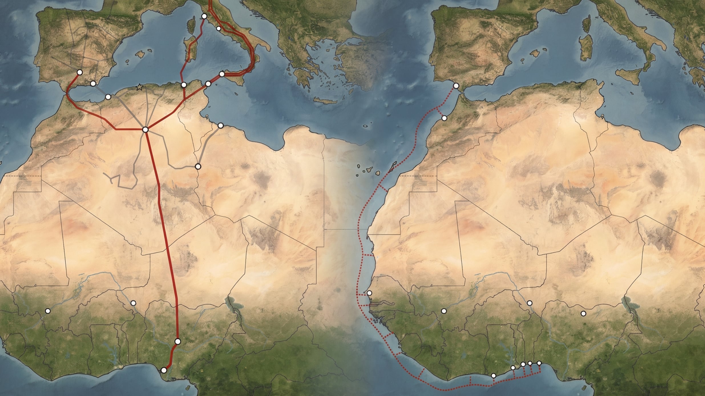 Dos megaproyectos energéticos podrían competir por llevar gas nigeriano a Europa, con Marruecos y Argelia como rutas rivales (VisualesIA Scribnews)