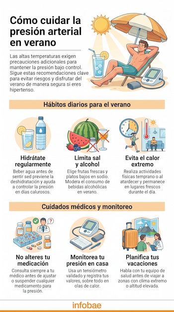 Infografía con el título Cómo cuidar la presión arterial en verano. Contiene diversas ilustraciones sobre hábitos de vida, medicamentos y viajes.