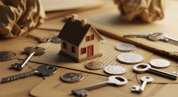 Una casa en miniatura de color beige con techo marrón está sobre papeles viejos, rodeada de varias llaves metálicas y monedas plateadas esparcidas.