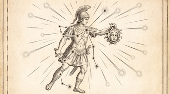 Ilustración de Perseo en armadura sosteniendo la cabeza de Medusa, rodeado por estrellas conectadas en constelación y estrellas fugaces sobre un fondo claro.
