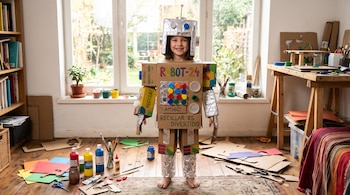 Una niña descalza con disfraz de robot hecho de cartón y papel de aluminio, rodeada de pinturas, pinceles y recortes de papel en el suelo.