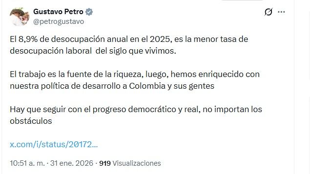 Petro sacó pecho de las cifras de desempleo que entregó la directora del Dane, Piedad Urdinola, el viernes 30 de enero de 2026 - crédito @petrogustavo/X